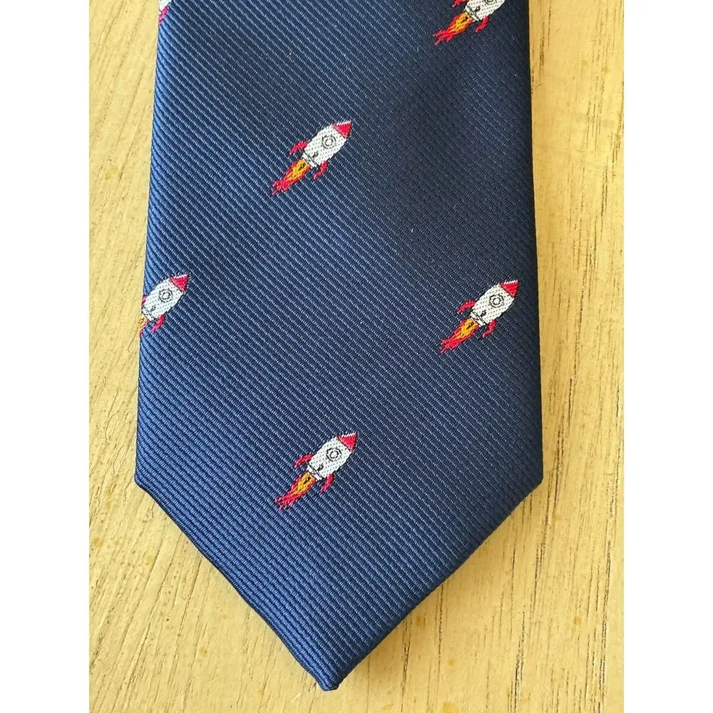 Men's Rocket Space Ship Skinny Tie Navy Blue Novelty NASA Cosmic Retro Moon